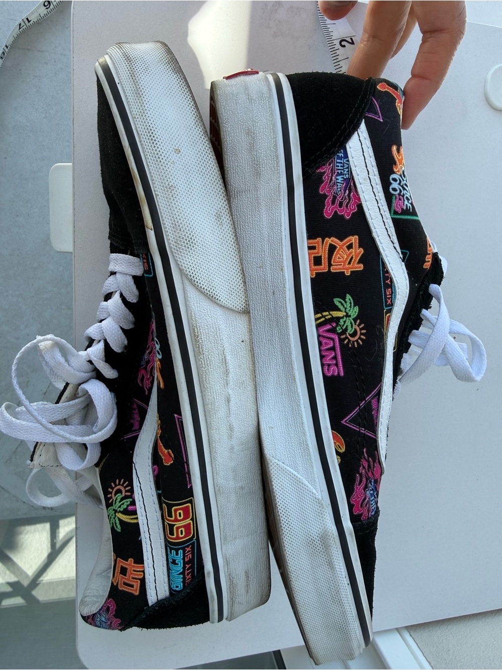 Size 9Women VANS Black Canvas/Suede Sneakers with Asian Neon Graphic Print